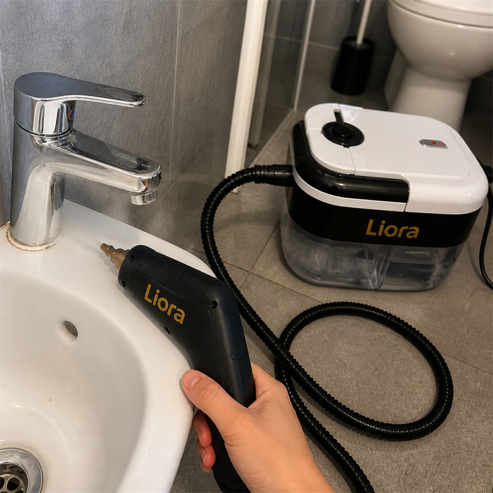 תמונת קונה של מכשיר הקיטור של Liora בחדר אמבטיה