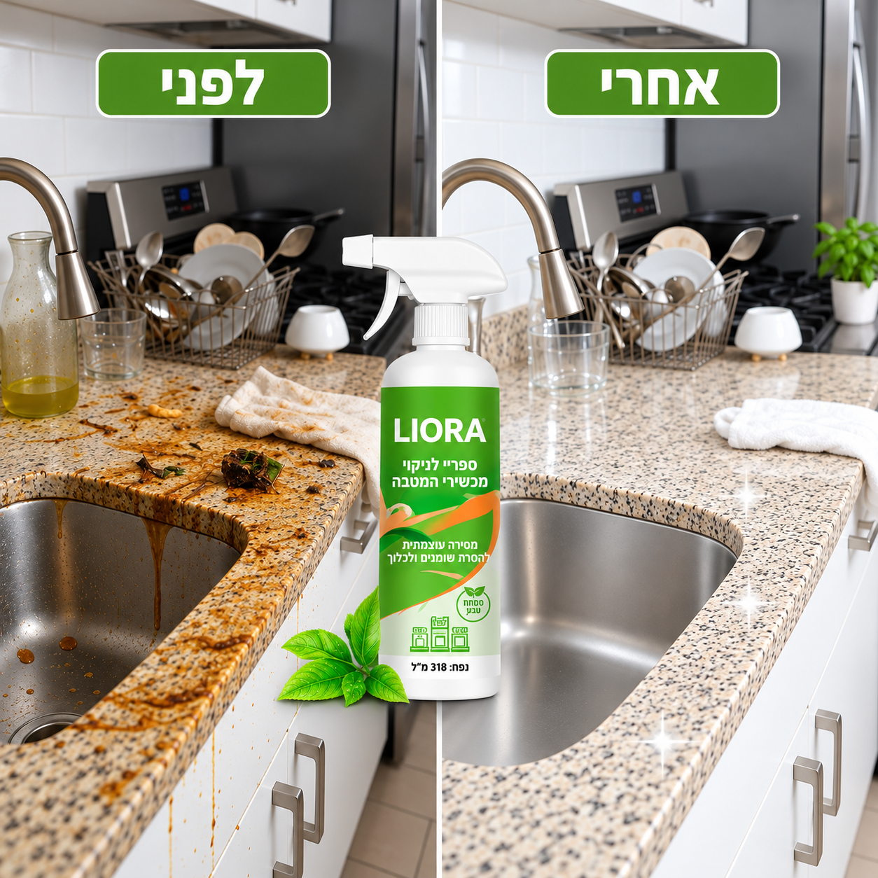לפני ואחרי ניקוי מטבח עם LIORA