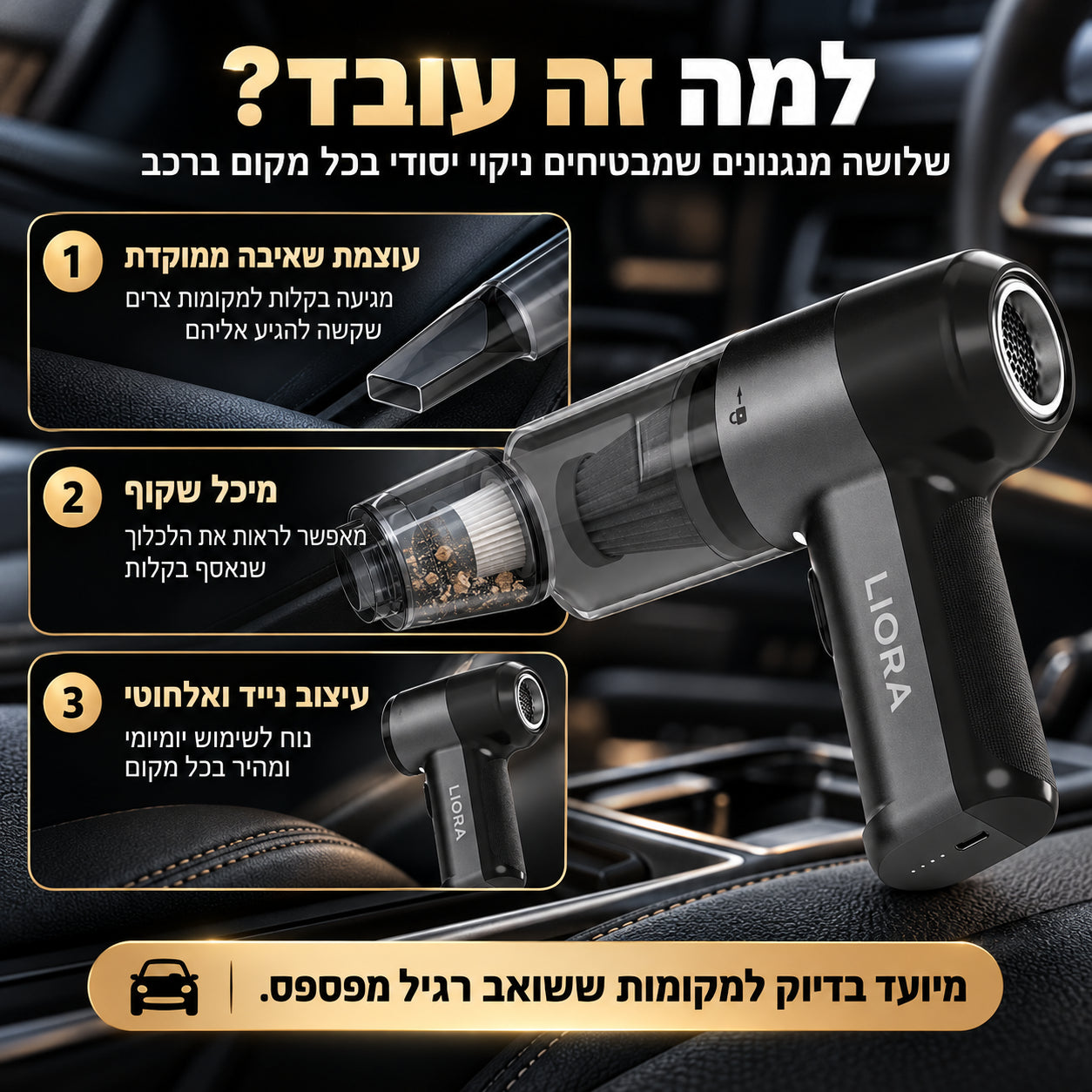 שואב LIORA עם הדגשת מבנה ופונקציות
